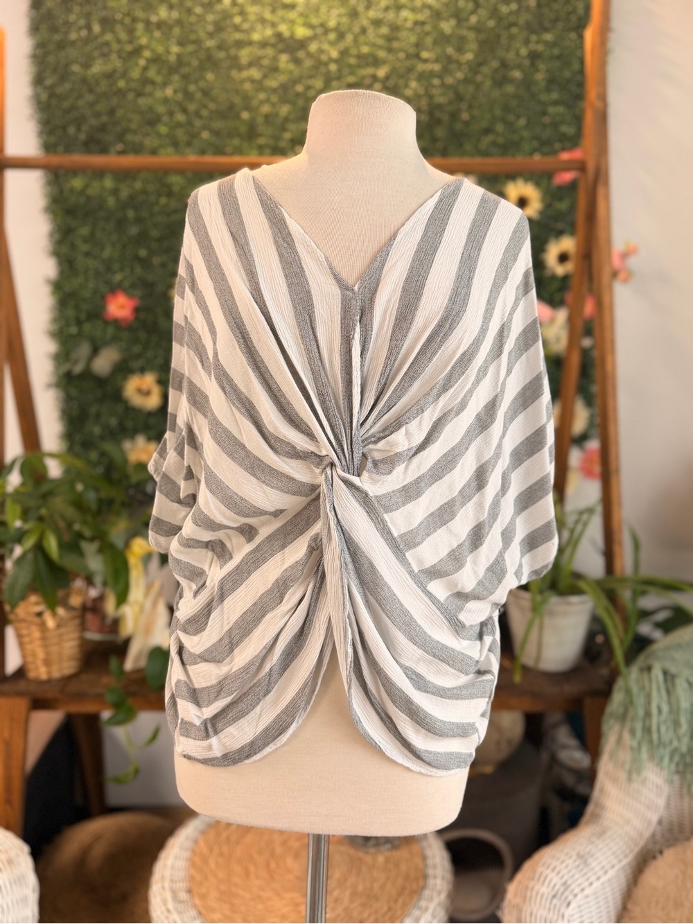 Umgee Striped Twist-Front Blouse in White and Gray